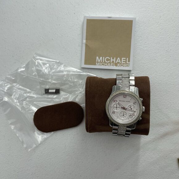 Michael Kors Watch Women's Runway Chronograph SSWhite Crystal Silver Tone Dial - Picture 13 of 16